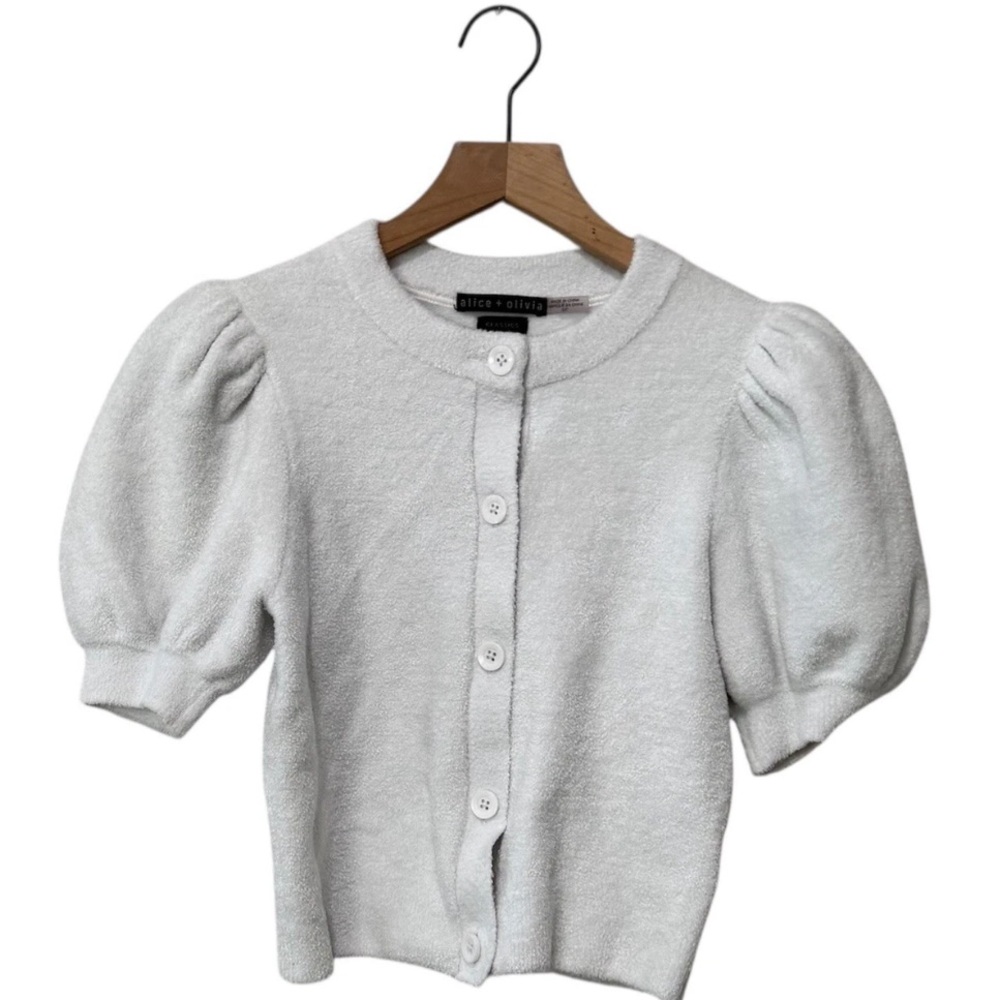 Alice + Olivia Sabine Gray Puff Sleeve Cropped Cardigan | NWOT